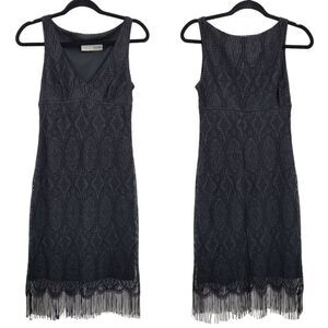 80s Necessary Objects Flapper Dress S Black Midi Lace Overlay Scallop Fringe Hem